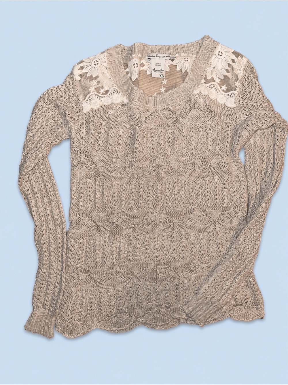 American Rag Women's Beige Lace-Shoulder Knit, Gauzy Sweater, Super Light Weight